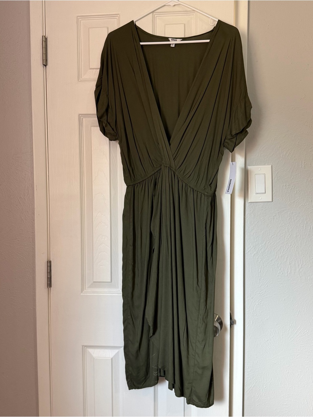 Olive Green V-Neck Midi Dress
